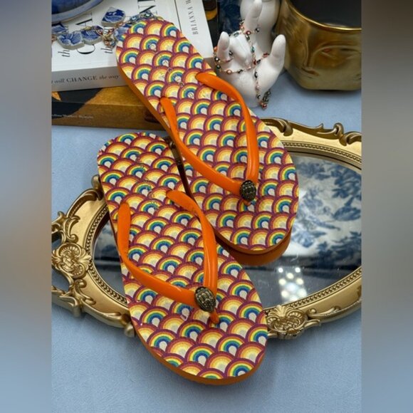 🆕 KURT GEIGER LONDON 🧿 NWOB Kensington Rainbow Flip Flops, Orange - Sz 37 US 7 - Picture 6 of 11